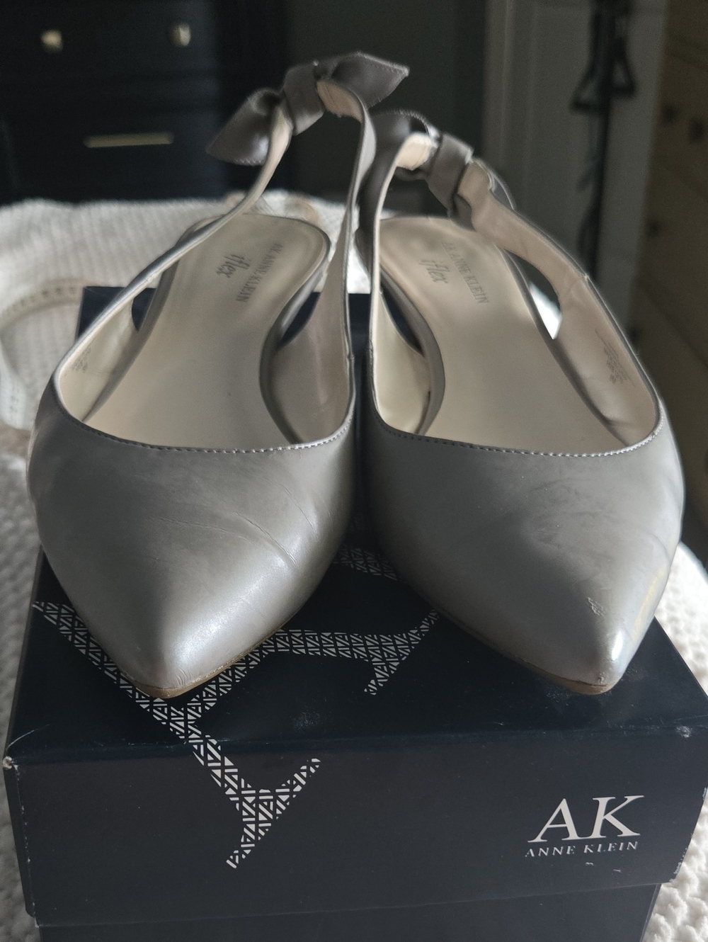 Anne Klein Taupe Pointed Toe Slingback Flats with Bow